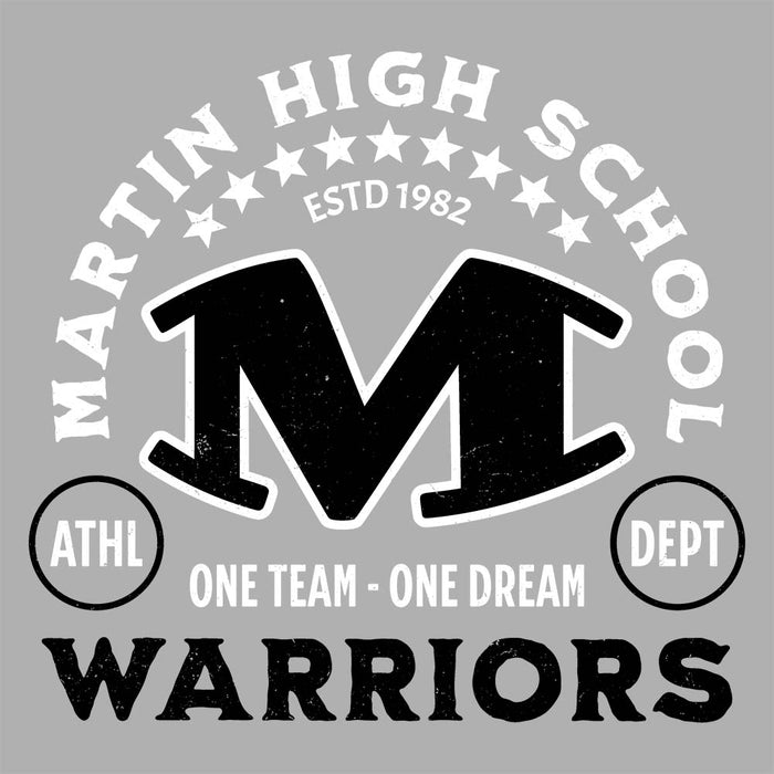 Close-up view of Martin High School Warriors Unisex 3/4 sleeve Raglan T-shirt 208