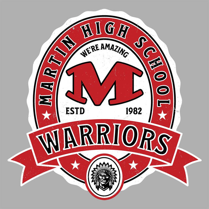 Close-up view of Martin High School Warriors Unisex 3/4 sleeve Raglan T-shirt 212