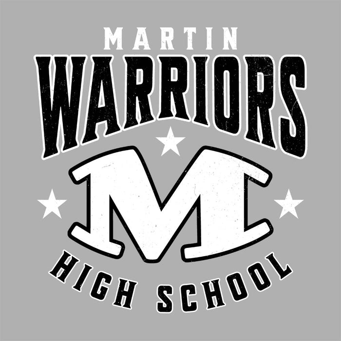 Close-up view of Martin High School Warriors Unisex 3/4 sleeve Raglan T-shirt 213