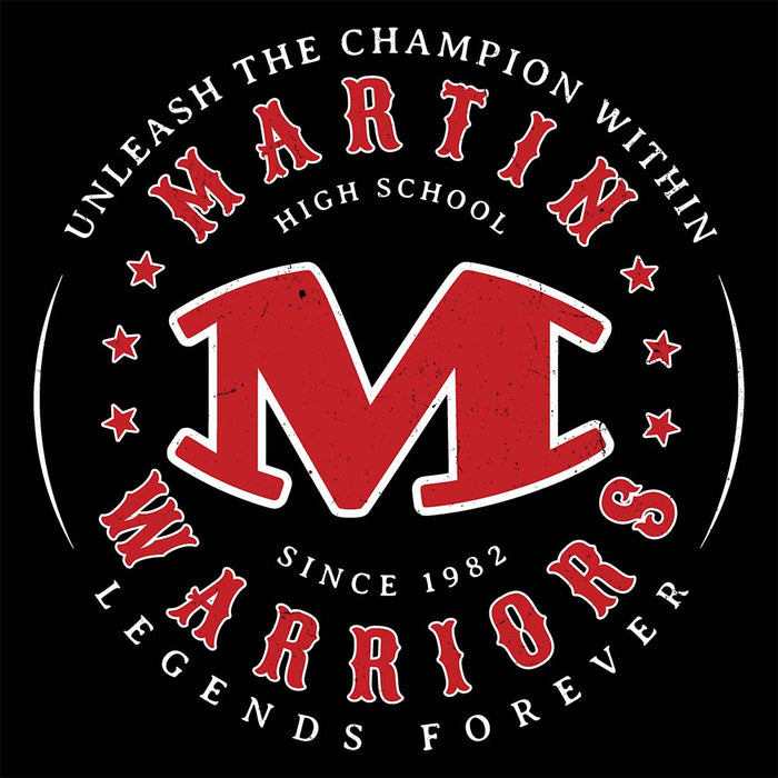 Close-up view of Martin High School Warriors Unisex 3/4 sleeve Raglan T-shirt 214
