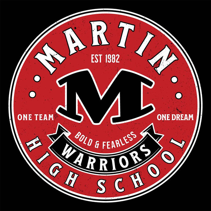 Circular logo with 'Martin High School Warriors' text on a red background