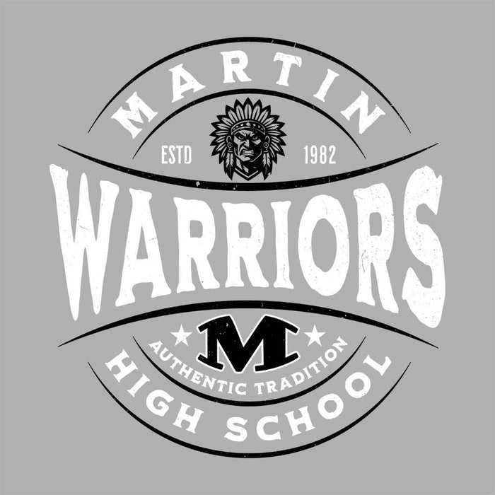 Close-up view of Martin High School Warriors Unisex 3/4 sleeve Raglan T-shirt 218