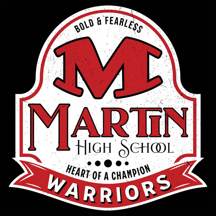 Close-up view of Martin High School Warriors Unisex 3/4 sleeve Raglan T-shirt 219