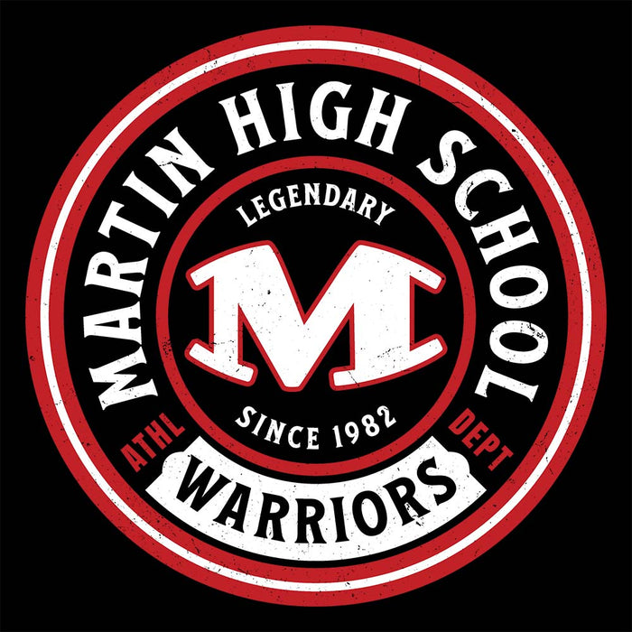 Close-up view of Martin High School Warriors Unisex 3/4 sleeve Raglan T-shirt 220