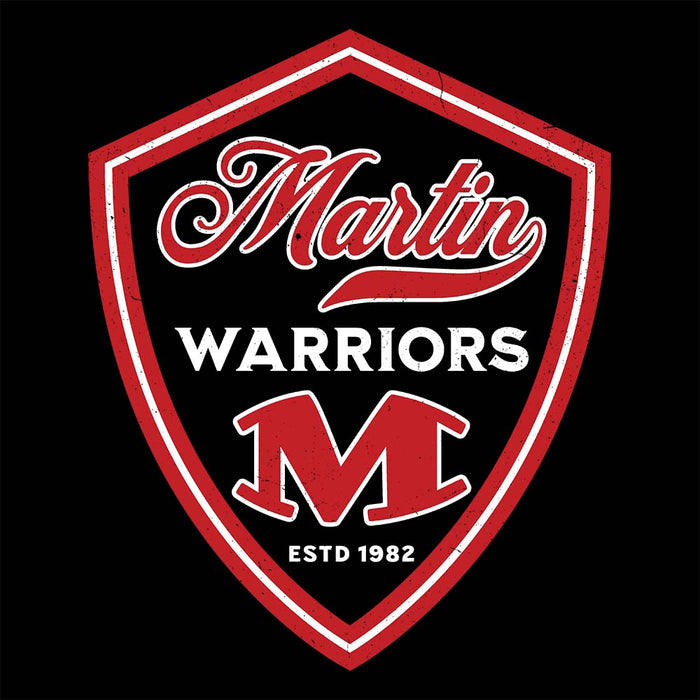 Shield-shaped logo with 'Martin Warriors' text and red and white colors on a black background