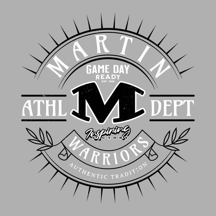 Close-up view of Martin High School Warriors Unisex 3/4 sleeve Raglan T-shirt 201