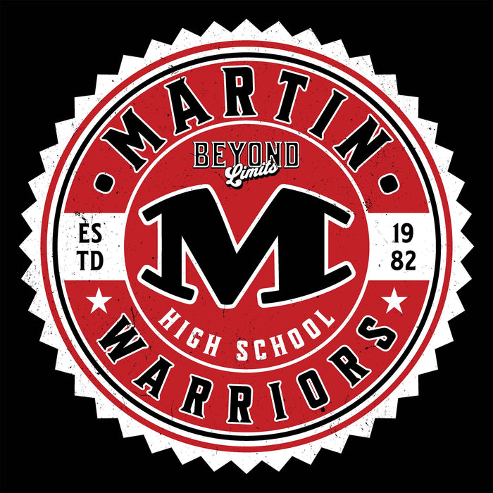 Close-up view of Martin High School Warriors Unisex 3/4 sleeve Raglan T-shirt 203