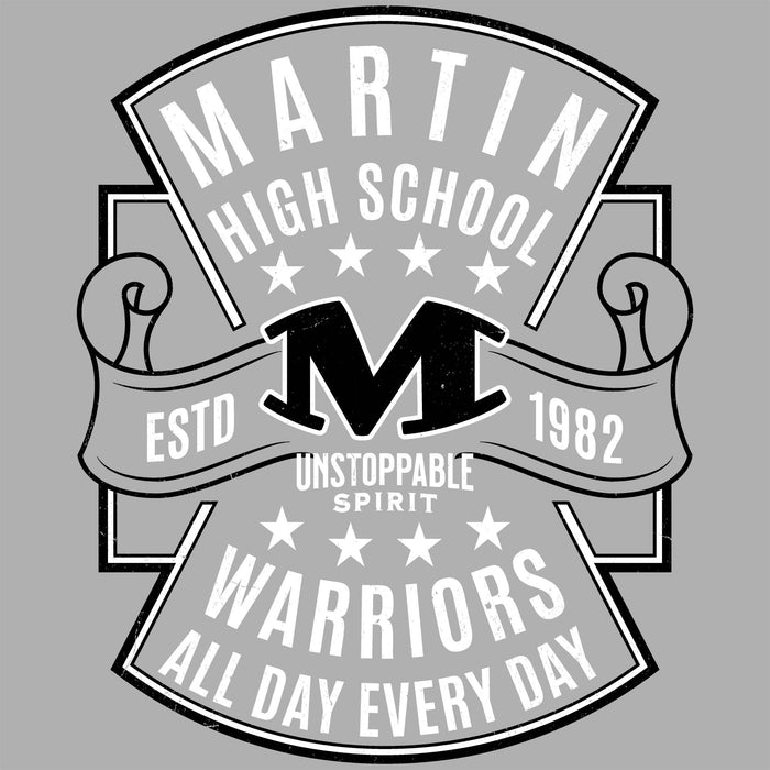 Close-up view of Martin High School Warriors Unisex 3/4 sleeve Raglan T-shirt 207