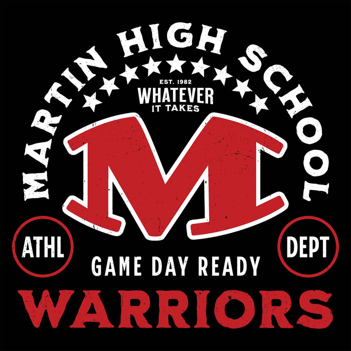 Close-up view of Martin High School Warriors Unisex 3/4 sleeve Raglan T-shirt 208