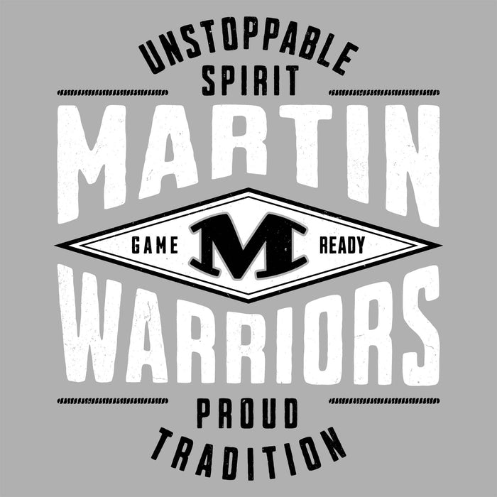 Close-up view of Martin High School Warriors Unisex 3/4 sleeve Raglan T-shirt 210
