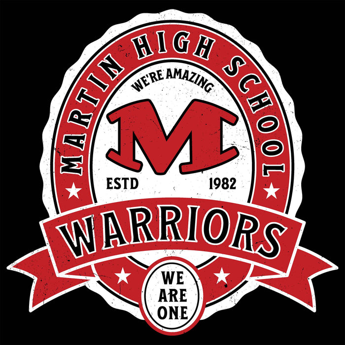 Close-up view of Martin High School Warriors Unisex 3/4 sleeve Raglan T-shirt 212