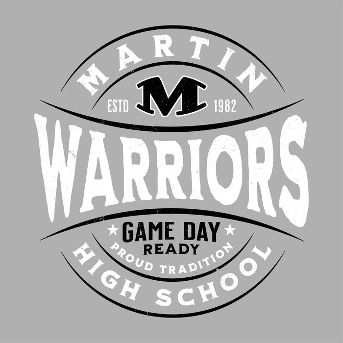Close-up view of Martin High School Warriors Unisex 3/4 sleeve Raglan T-shirt 218