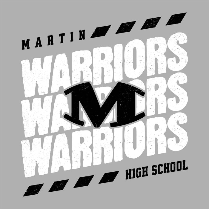Close-up view of Martin High School Warriors Unisex 3/4 sleeve Raglan T-shirt 223