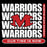 Repetition of 'WARRIORS' with a red 'M' logo and text 'OUR TIME IS NOW' on a black background
