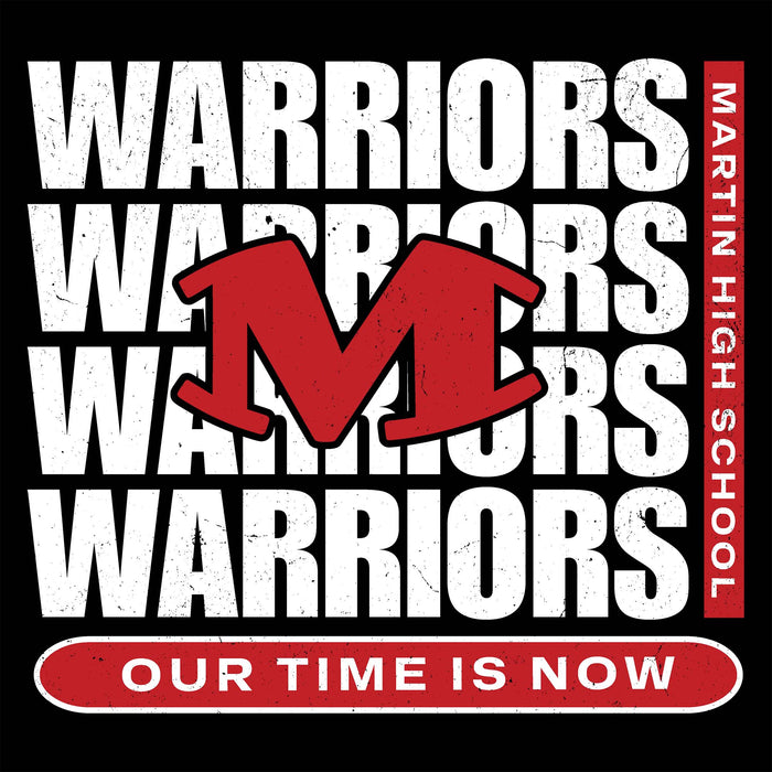 Repetition of 'WARRIORS' with a red 'M' logo and text 'OUR TIME IS NOW' on a black background
