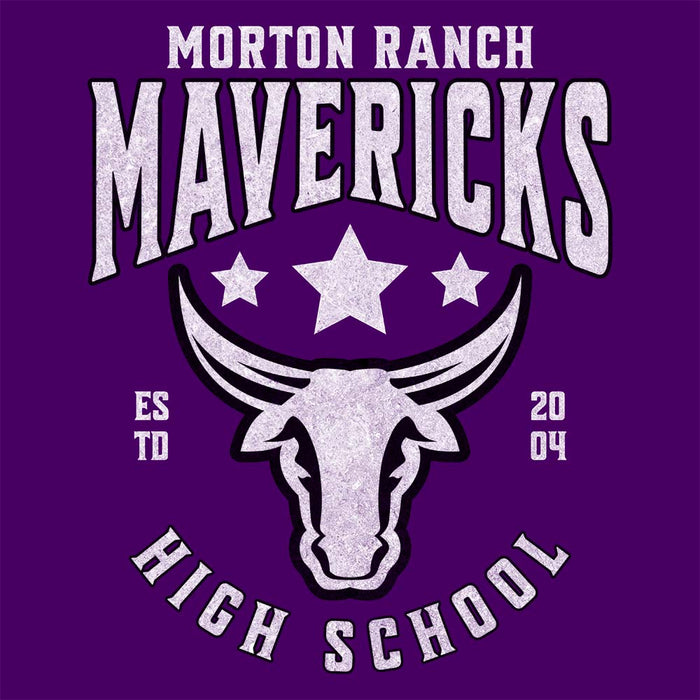 Close-up of Morton Ranch High School Mavericks Classic Unisex Purple T-shirt 201