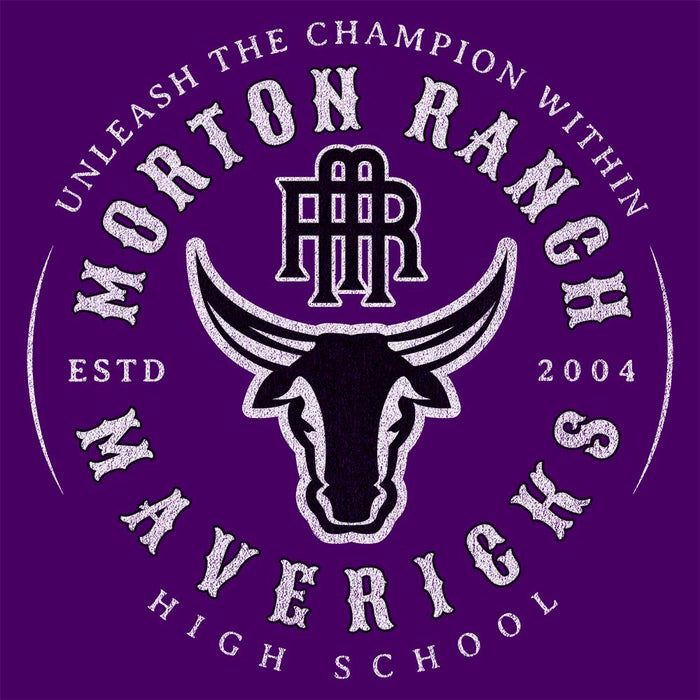 Close-up of Morton Ranch High School Mavericks Classic Unisex Purple T-shirt 203