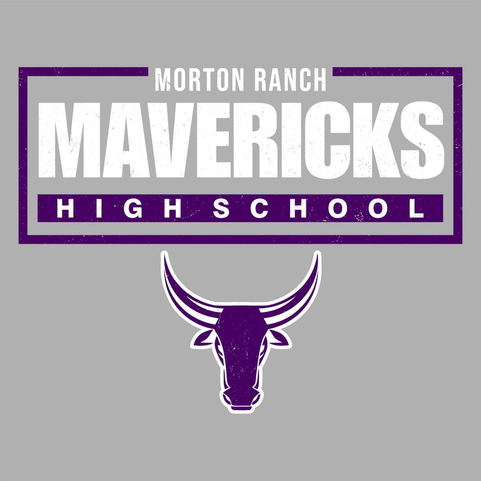 Close-up view of Morton Ranch High School Mavericks Unisex 3/4 sleeve Raglan T-shirt 049