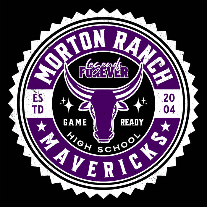 Close-up view of Morton Ranch High School Mavericks Unisex 3/4 sleeve Raglan T-shirt 203