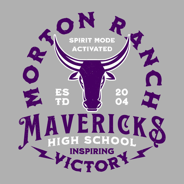 Close-up view of Morton Ranch High School Mavericks Unisex 3/4 sleeve Raglan T-shirt 206