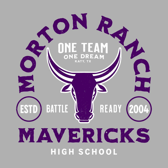 Gray t-shirt with purple 'Morton Ranch Mavericks' design featuring a bull and text.