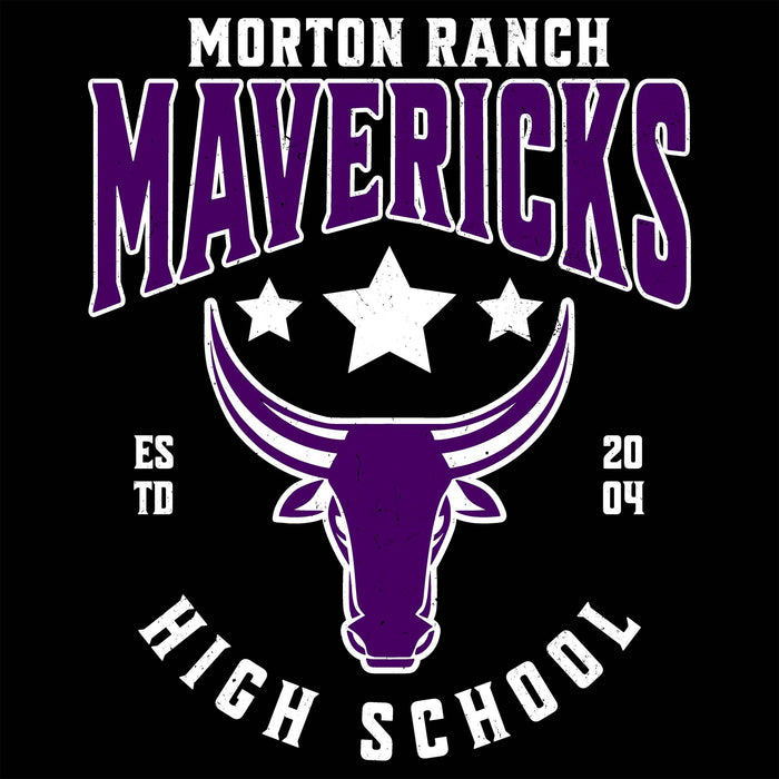 Close-up view of Morton Ranch High School Mavericks Unisex 3/4 sleeve Raglan T-shirt 213
