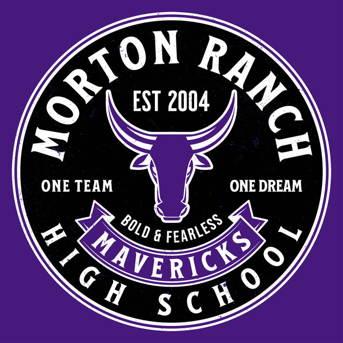 Close-up view of Morton Ranch High School Mavericks Purple Classic Unisex T-shirt 215