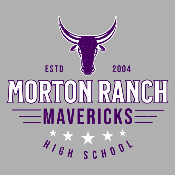 Close-up view of Morton Ranch High School Mavericks Unisex 3/4 sleeve Raglan T-shirt 217