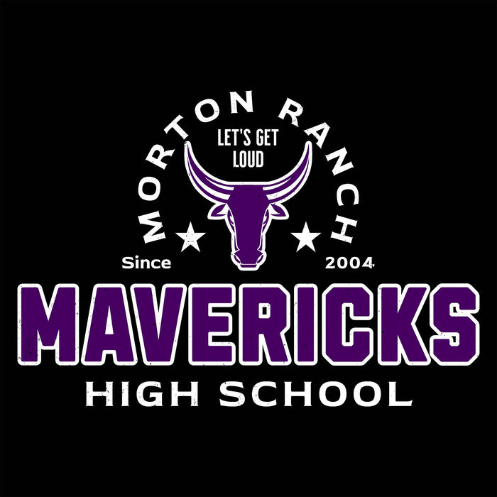 Close-up view of Morton Ranch High School Mavericks Unisex 3/4 sleeve Raglan T-shirt 222