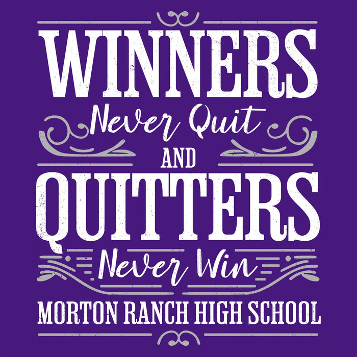Motivational quote 'Winners Never Quit and Quitters Never Win' with school name on a purple background