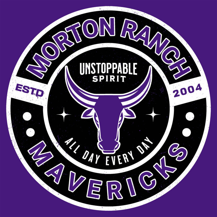 Circular logo with 'Morton Ranch Mavericks' text and bull icon on a purple background