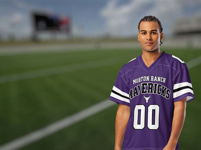 Person wearing a purple sports jersey with 'Morton Ranch Mavericks' on a football field background