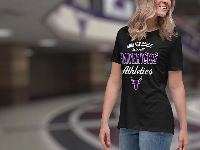Person wearing a black t-shirt with 'Morton Ranch All-Star Mavericks Athletics' text and logo.
