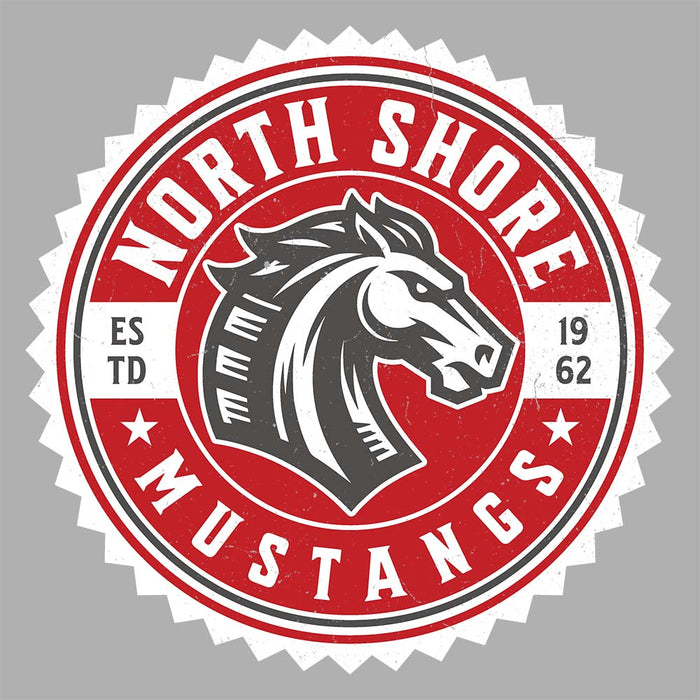 Close-up view of North Shore High School Mustangs Unisex 3/4 sleeve Raglan T-shirt 203