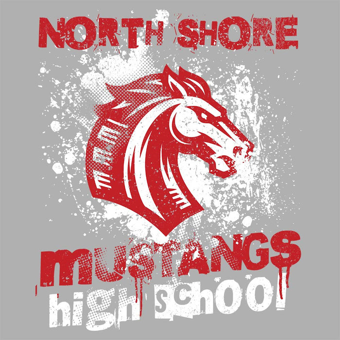 Close-up view of North Shore High School Mustangs Unisex 3/4 sleeve Raglan T-shirt 205