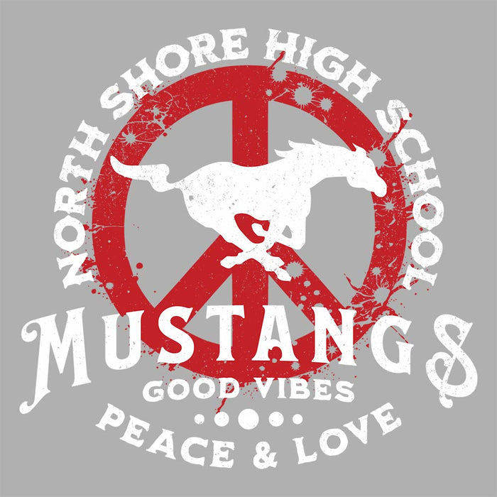 Close-up view of North Shore High School Mustangs Unisex 3/4 sleeve Raglan T-shirt 206