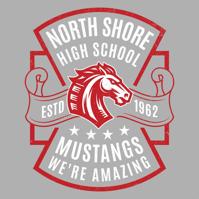 Close-up view of North Shore High School Mustangs Unisex 3/4 sleeve Raglan T-shirt 207