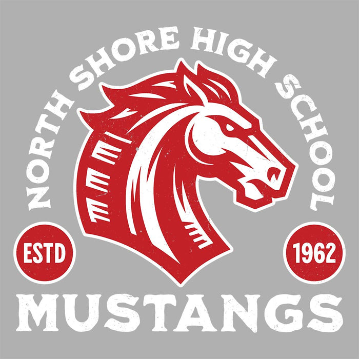 Close-up view of North Shore High School Mustangs Unisex 3/4 sleeve Raglan T-shirt 208