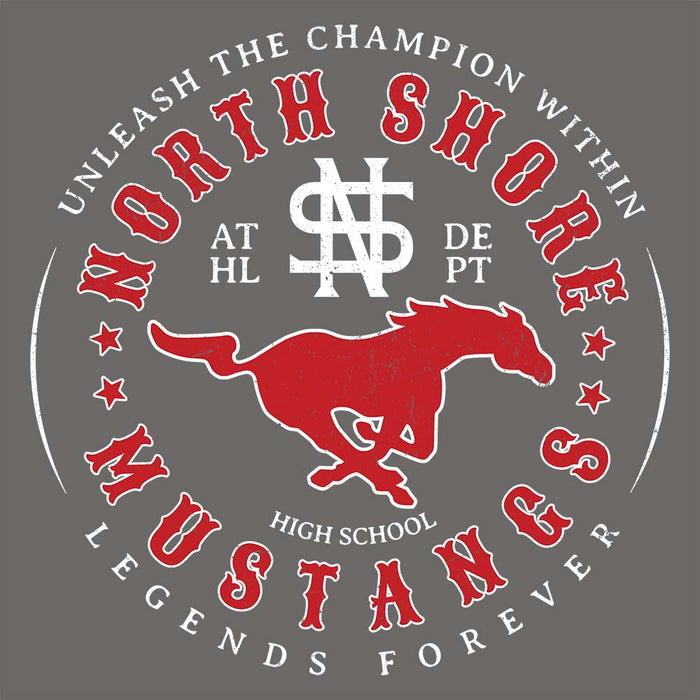 Close-up view of North Shore High School Mustangs Dark Grey Classic Unisex T-shirt 214