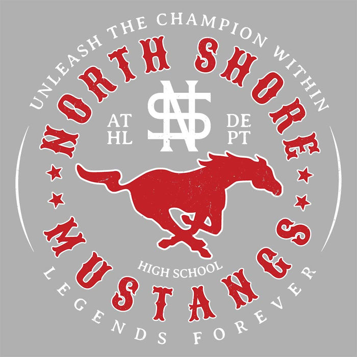 Close-up view of North Shore High School Mustangs Unisex 3/4 sleeve Raglan T-shirt 214