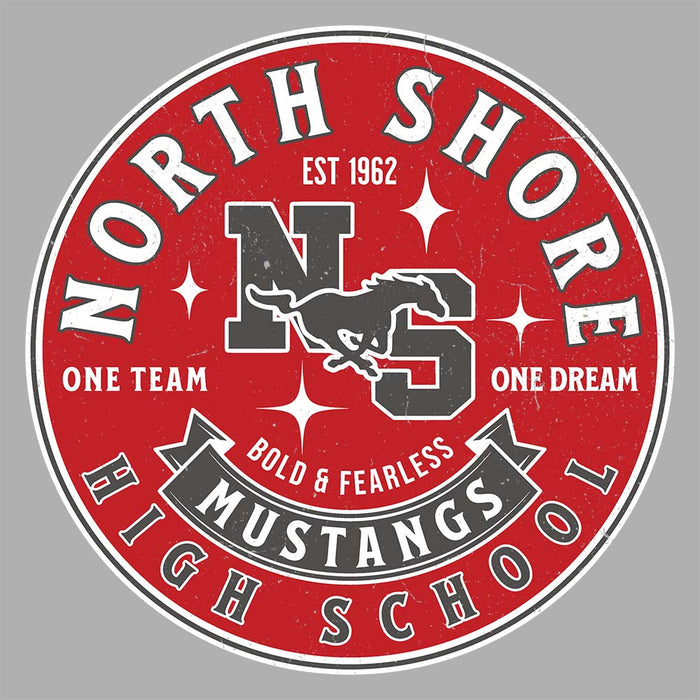 Close-up view of North Shore High School Mustangs Unisex 3/4 sleeve Raglan T-shirt 215