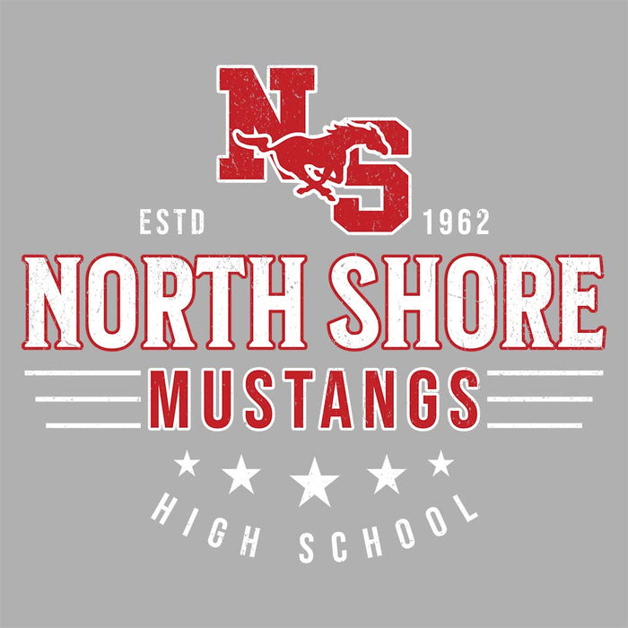 Close-up view of North Shore High School Mustangs Unisex 3/4 sleeve Raglan T-shirt 218