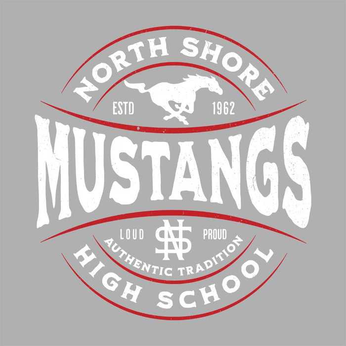 Close-up view of North Shore High School Mustangs Unisex 3/4 sleeve Raglan T-shirt 218