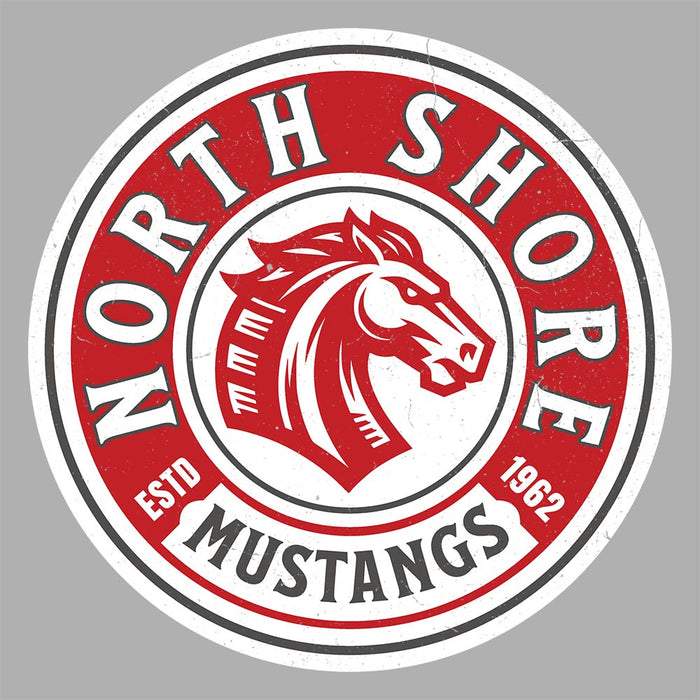 Close-up view of North Shore High School Mustangs Unisex 3/4 sleeve Raglan T-shirt 220