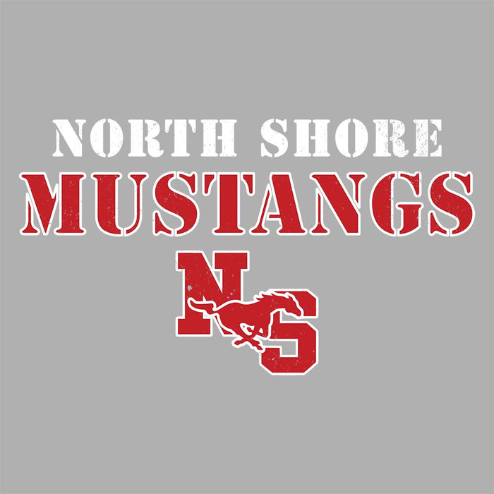 Close-up view of North Shore High School Mustangs Unisex 3/4 sleeve Raglan T-shirt 222