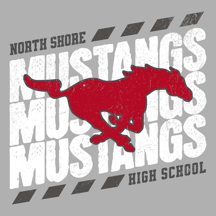 Close-up view of North Shore High School Mustangs Unisex 3/4 sleeve Raglan T-shirt 223