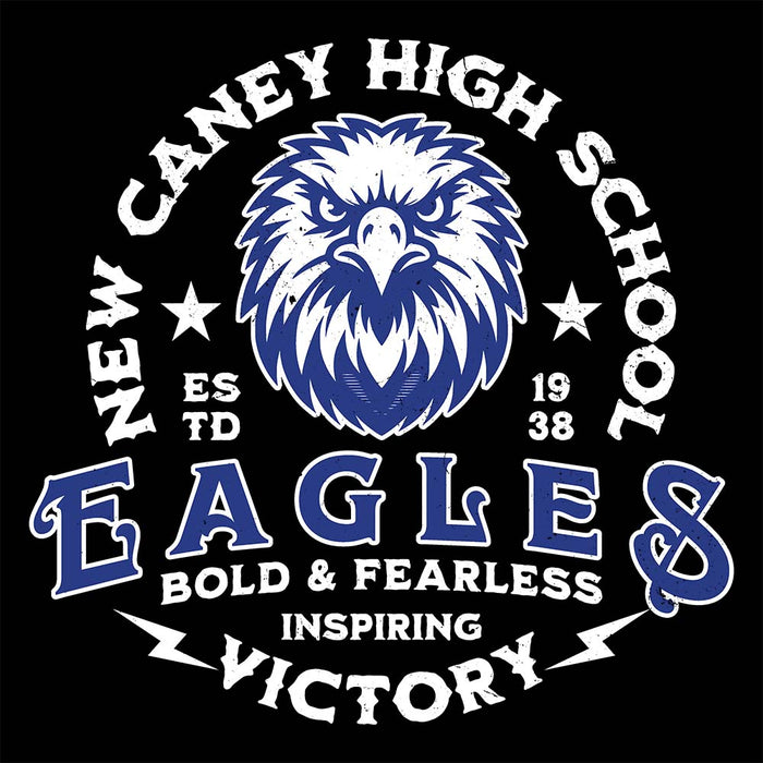 Close-up view of New Caney High School Eagles Unisex 3/4 sleeve Raglan T-shirt 206