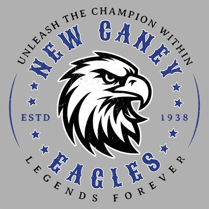 Close-up view of New Caney High School Eagles Unisex 3/4 sleeve Raglan T-shirt 214