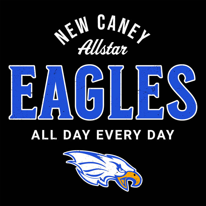 New Caney Allstar Eagles logo with blue text and eagle emblem on a black background - Design 040