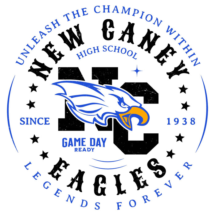 Close-up view of New Caney High School Eagles Unisex 3/4 sleeve Raglan T-shirt 214